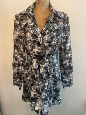 Talie Black White Geometric Belted Trench Coat Size Medium
